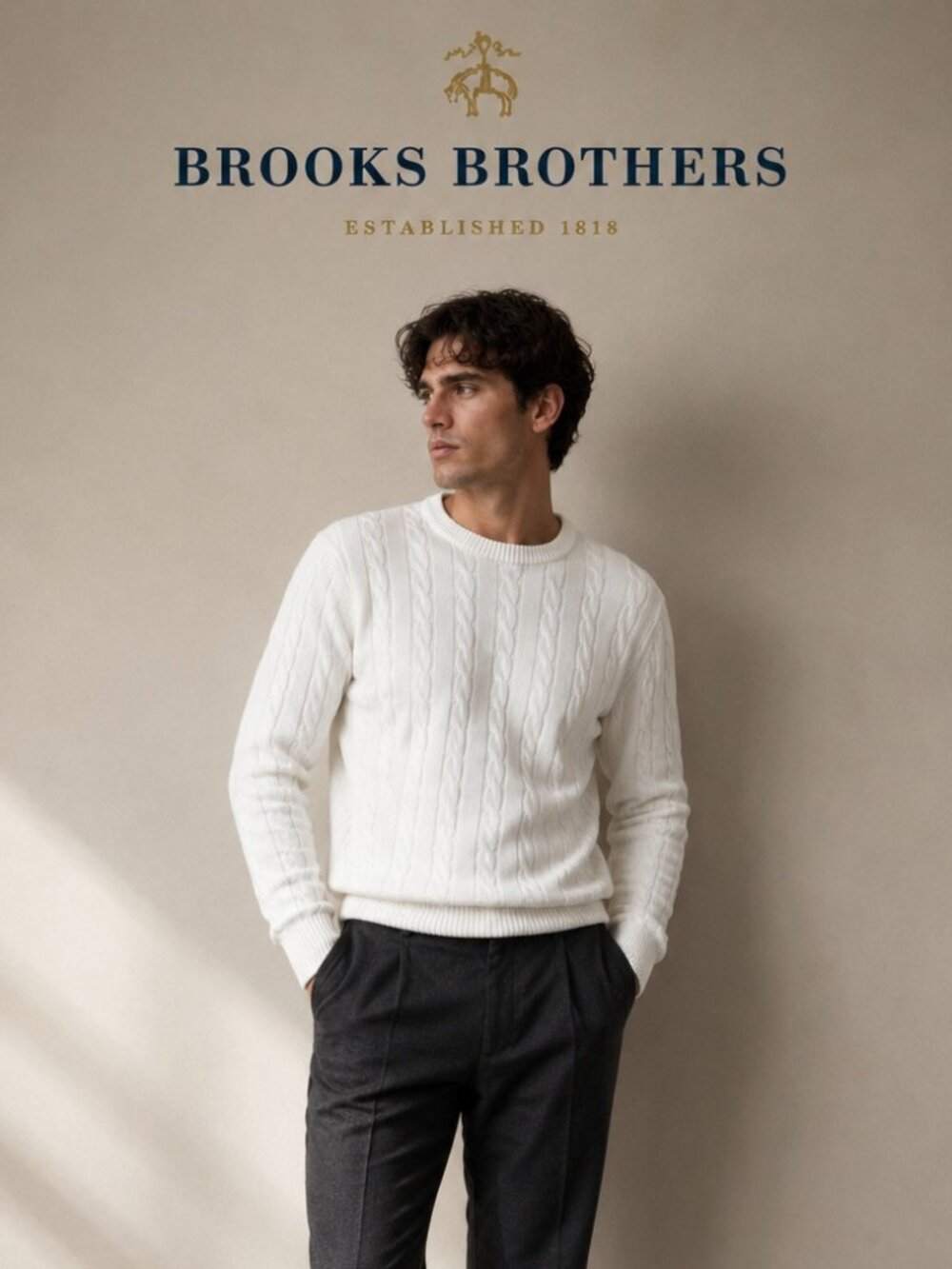 Brooks Brothers Men’s White 100% Cotton Cable Knit Crewneck Sweater Size L